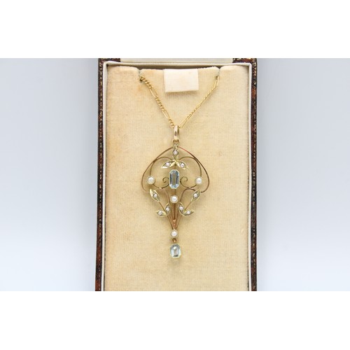  A 15ct&nbsp;Art Nouveau Seed Pearl & Aquamarine Pendant on 9ct Figaro Chain. Foliate Design with... 