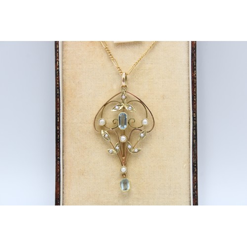  A 15ct&nbsp;Art Nouveau Seed Pearl & Aquamarine Pendant on 9ct Figaro Chain. Foliate Design with... 