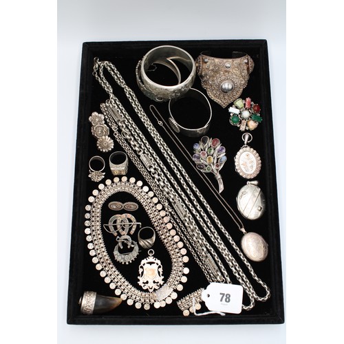  A group of silver jewellery, comprising six brooches, two set with hardstones and semi-precious gems... 