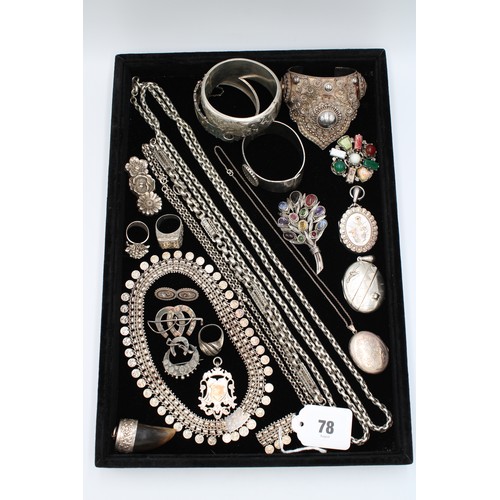  A group of silver jewellery, comprising six brooches, two set with hardstones and semi-precious gems... 