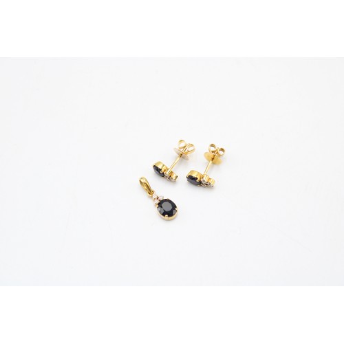  A pair of 14ct gold sapphire and diamond earrings earrings together with a matching pendant. Length ... 