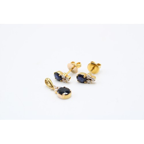  A pair of 14ct gold sapphire and diamond earrings earrings together with a matching pendant. Length ... 