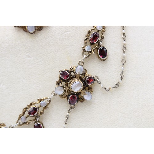 39 - An Austro-Hungarian Garnet and Mother of Pearl Necklace Circa 1880 of Festoon Design, Set in Silver ... 