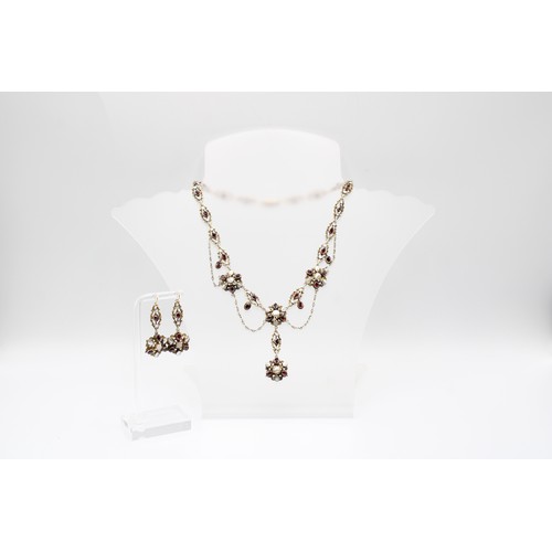39 - An Austro-Hungarian Garnet and Mother of Pearl Necklace Circa 1880 of Festoon Design, Set in Silver ... 