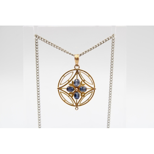 18 - An Unmarked 9ct Tested Edwardian Art Deco Geometric Sapphire Pendant 2.2cm x 2.8cm.Weight: 2.42g&nbs... 