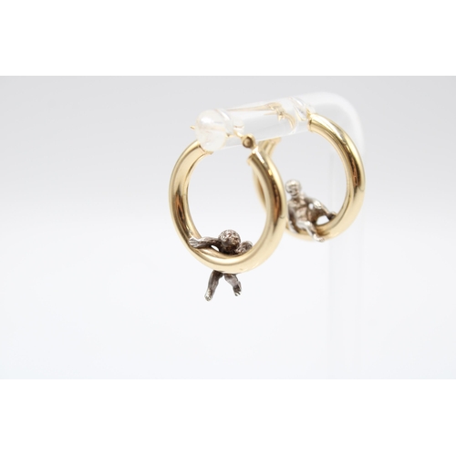 22 - A Pair of 14ct & Platinum Hoops with Seated Cherub Design, 2cm Across.&nbsp;Weight: 3g&nbsp;... 