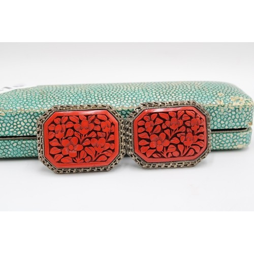 167 - An Antique White Metal Chinese Export Hand Carved Red Cinnabar Buckle, Size when Joined Together app... 