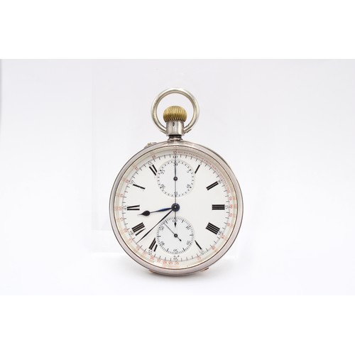  An Early 20th Century Sterling Silver Open Faced Pocket Chronograph. Featuring a white porcelain dia... 