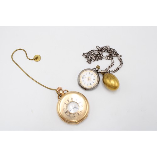  A Rolled Gold Dennison Half Hunter Pocket Watch together with a Smaller Swiss Made 935 Open Face Poc... 