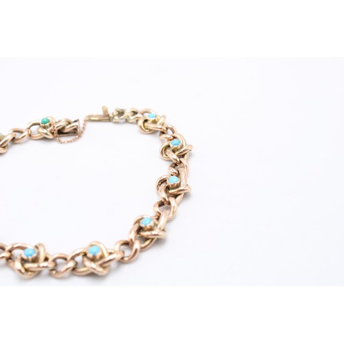  A 9ct gold and turquoise bracelet, illegibly marked but tested positive as 9ct, safety chain, length... 