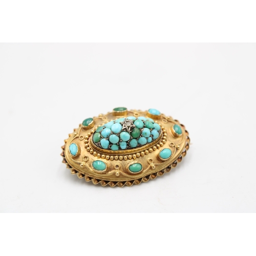  A late 19th/ early 20th century turquoise and diamond brooch with reverse photo panel. Length 35mm. ... 