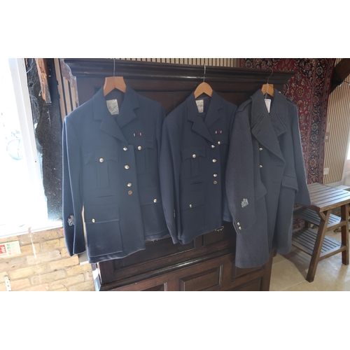 401A - Two RAF men's uniforms with trousers, suit 5ft 9ins and 35/39 breast and a size 8 Great Coat - all i... 