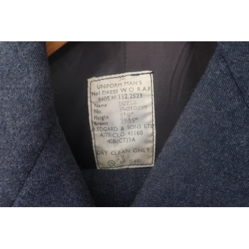 401A - Two RAF men's uniforms with trousers, suit 5ft 9ins and 35/39 breast and a size 8 Great Coat - all i... 