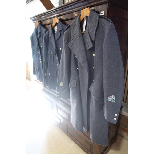 401A - Two RAF men's uniforms with trousers, suit 5ft 9ins and 35/39 breast and a size 8 Great Coat - all i... 