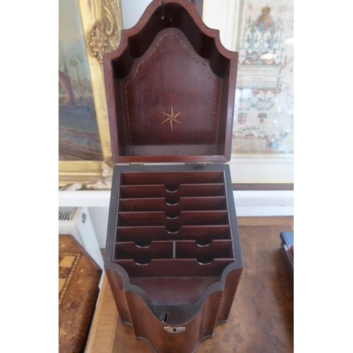 444 - A Georgian mahogany knife box, late 18th century, inlaid lid and edges, later fitted as a stationery... 