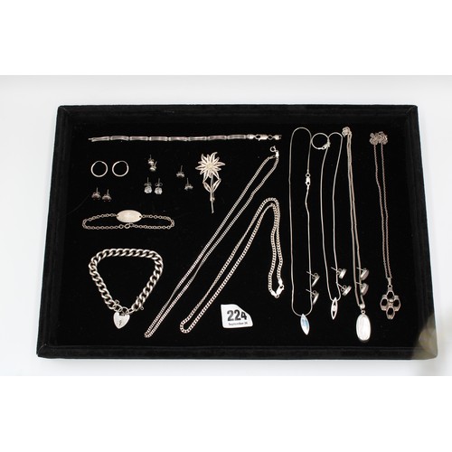  A group of silver jewellery, including a curb chain bracelet with heart-shaped padlock, R G Springal... 