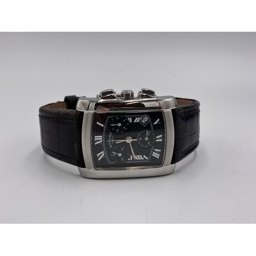266 - A Rotary chronograph watch, the black dial with whit Roman numerals, three subdials and date window,... 