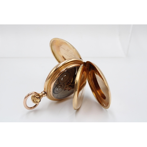 A fine European late 19th-century 18-carat gold full hunter chronometer pocket watch. The white enam... 