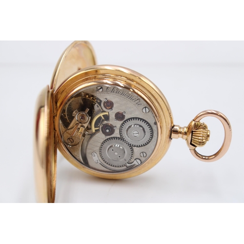  A fine European late 19th-century 18-carat gold full hunter chronometer pocket watch. The white enam... 