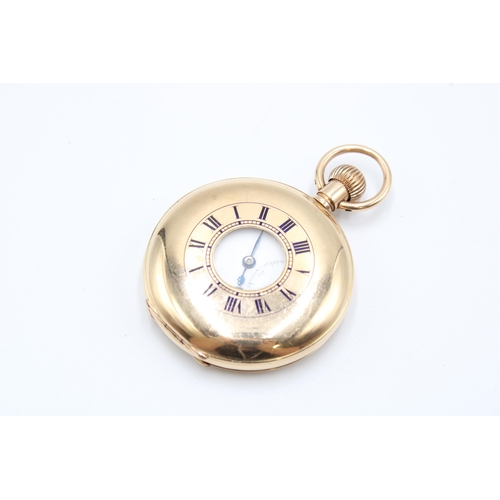  A 12ct gold half hunter pocket watch, white enamel dial with Roman numerals and subsidiary seconds d... 