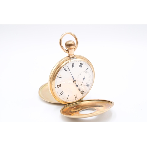  A 12ct gold half hunter pocket watch, white enamel dial with Roman numerals and subsidiary seconds d... 