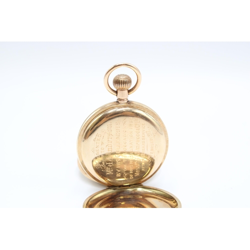  A 12ct gold half hunter pocket watch, white enamel dial with Roman numerals and subsidiary seconds d... 
