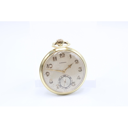  A 14ct Open Faced Longines Pocket Watch, Featuring Silvered dial with applied Yellow Hands & Num... 