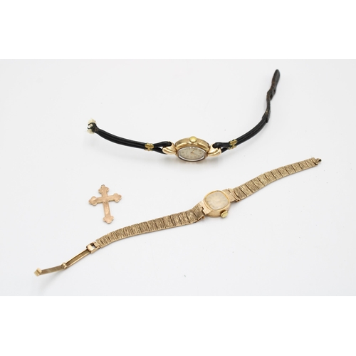  A 9ct Ladies Longines Together with a 9ct Rotary, Neither in working order. Also a 9ct Cross Rotary:... 