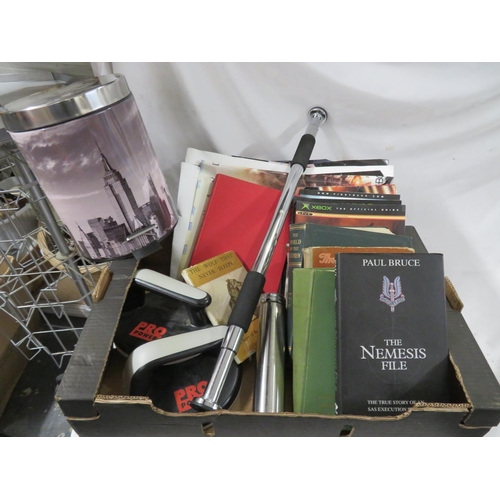 145 - Box of books, posters and exercise equipment