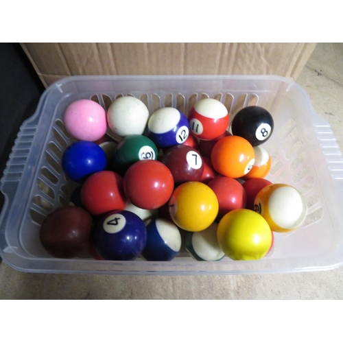 74 - Tray of pool and snooker balls and a triangle