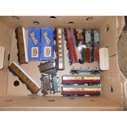 Box of Hornby Dublo Coaches, Vans and Accessories