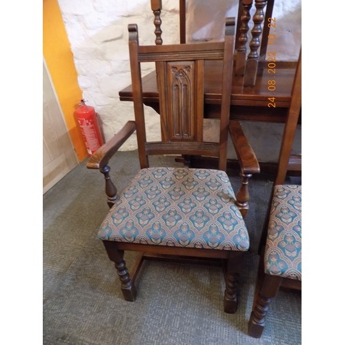 261 - Large drawer leaf table and 6 chairs inc 2 carvers