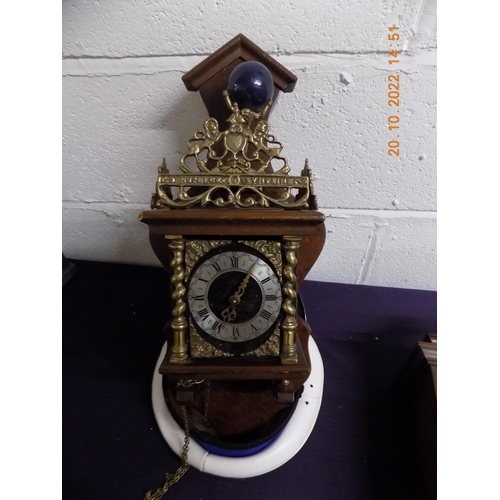 307 - Vintage Dutch Brass and Wood Clock - No Weights