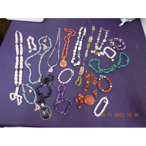 308 - Box of Crystal Amethyst, Jasper Dalmation and Rose Quartz Necklaces some with Silver Clasps