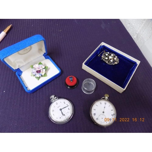 344 - 2 Pocket Watches, 2 Brooches one Royal Albert and Pin Badge