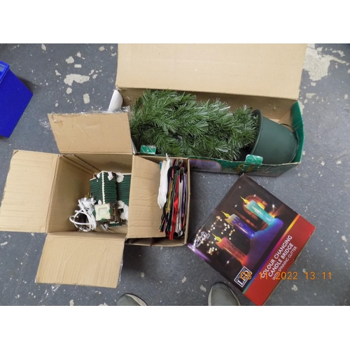 56 - Box of Christmas Items inc. Fibre Optic Tree, Light Up Candles, Light Up Church and Candle Holder. w... 