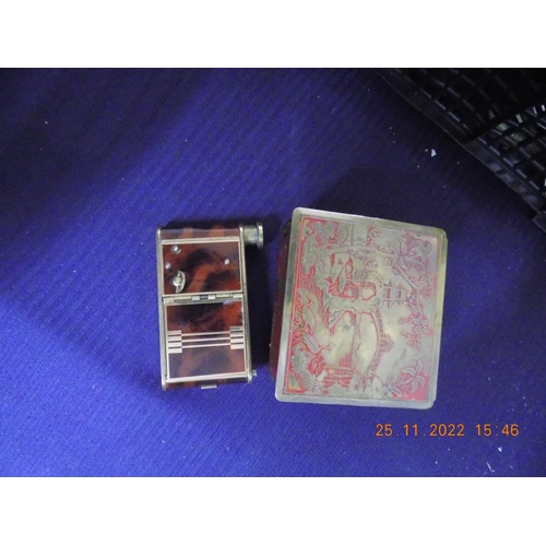 334 - German Art Deco Brass and Enamel Combination Musical Compact and Cigarette Case and a Vintage Tin