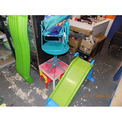 155 - Small Childs Slide, Table and Chairs Set, and Plastic Table and Chairs