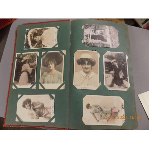 308 - Genuine Vintage Red Postcard Album with 200+ unsorted 1900's early postcards.  100 of them Edwardian... 