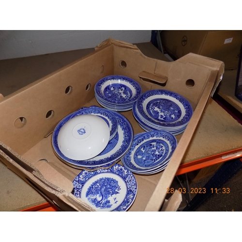 22 - Box of Blue & White 'Old Willow' Pattern