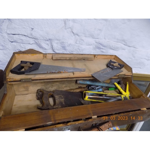 257A - Large Vintage Wooden Tool Box Containing Tools