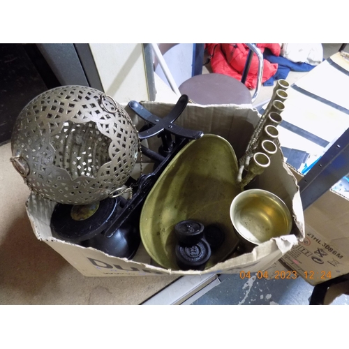 42 - Box of Metal Ware. Inc. Scales with Weights