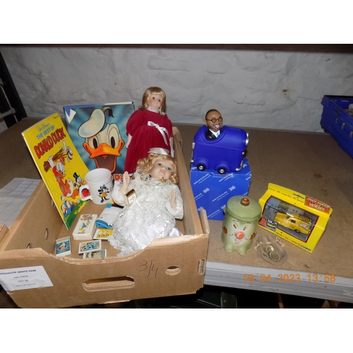 82 - Box of Collectables. Inc. Matches, Dusty Bin, Only Fools & Horse Corgi Van and £2 Coins