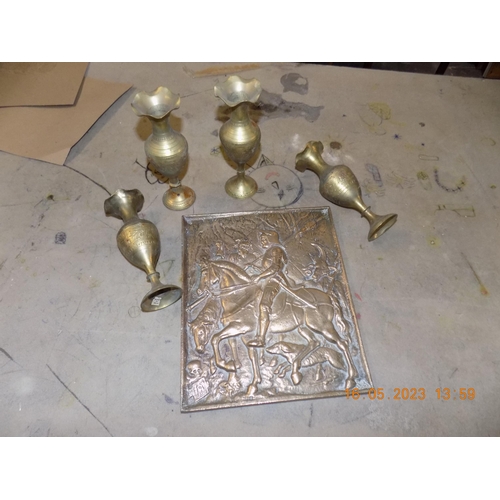 125 - 4 Brass Vase and Brass Plaque