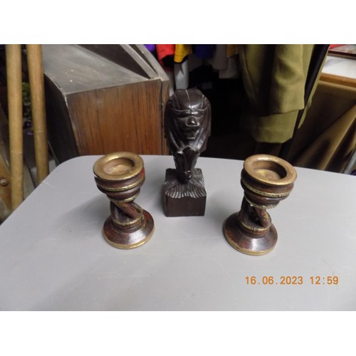 559 - Pair of Wooden Candle Sticks and a Wooden Head