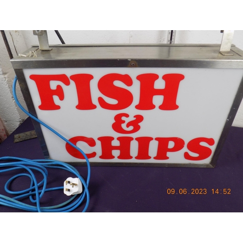 115 - Illuminated Fish and Chip Sign with wall Bracket in Working Order