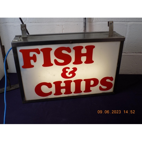 115 - Illuminated Fish and Chip Sign with wall Bracket in Working Order