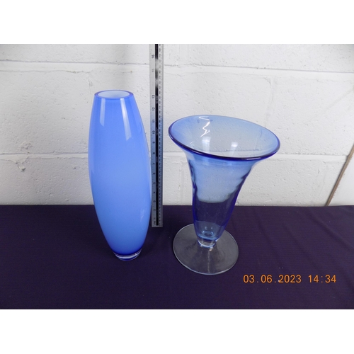 19 - 2 Krosno Poland Blue Glass Vases