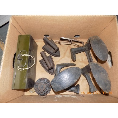 71 - Metal Tin with Key, 2 Flat Irons, 3 Lasts and Set of Weights