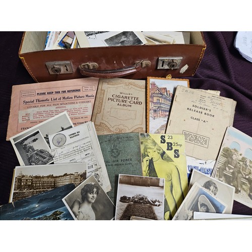 786 - A Vintage Suitcase Full of Vintage Ephemera with Postcards Cabinet Card, Loose Cigarette Cards and A... 